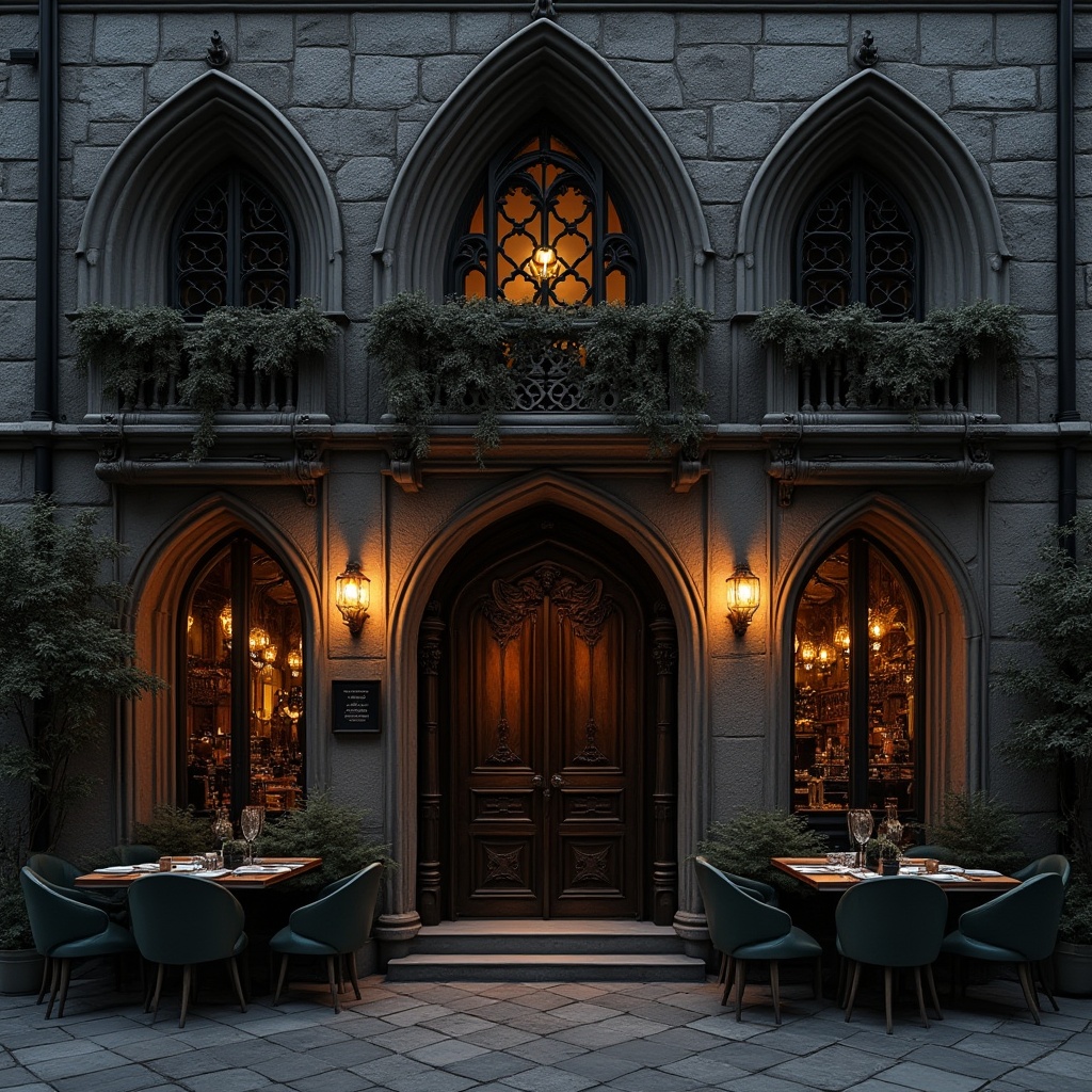 Prompt: Gothic-inspired restaurant facade, ornate stone carvings, pointed arches, ribbed vaults, flying buttresses, grand entranceways, heavy wooden doors, intricate ironwork, stained glass windows, dim warm lighting, mysterious ambiance, luxurious textiles, rich velvet drapes, ornamental metal fixtures, mystical symbolism, eerie shadows, dramatic chiaroscuro, high contrast ratio, cinematic composition, atmospheric fog effect.