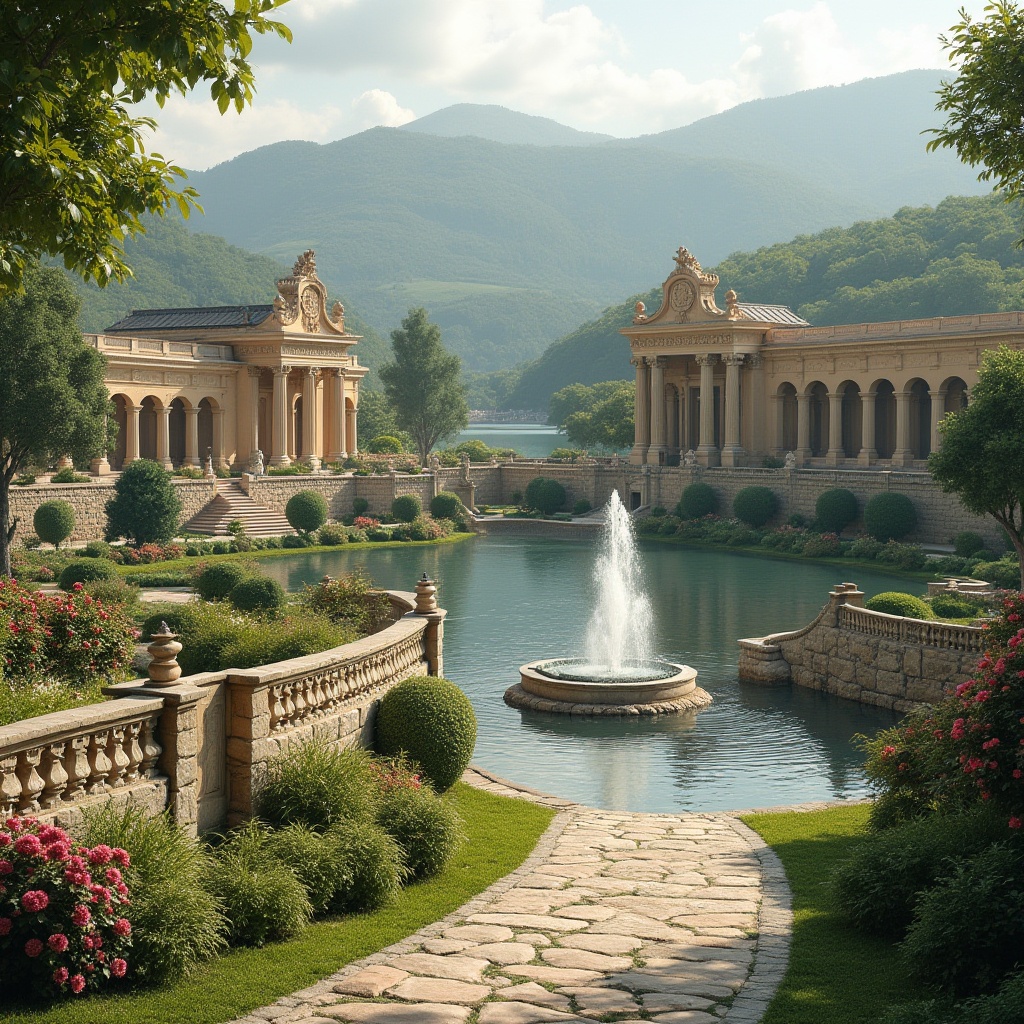 Prompt: Rustic stone walls, ornate fountains, lush greenery, blooming flowers, rolling hills, serene lakeside, neoclassical buildings, grand colonnades, symmetrical architecture, elegant statues, intricate carvings, warm beige stonework, soft natural lighting, 1/1 composition, atmospheric perspective, realistic textures, ambient occlusion.