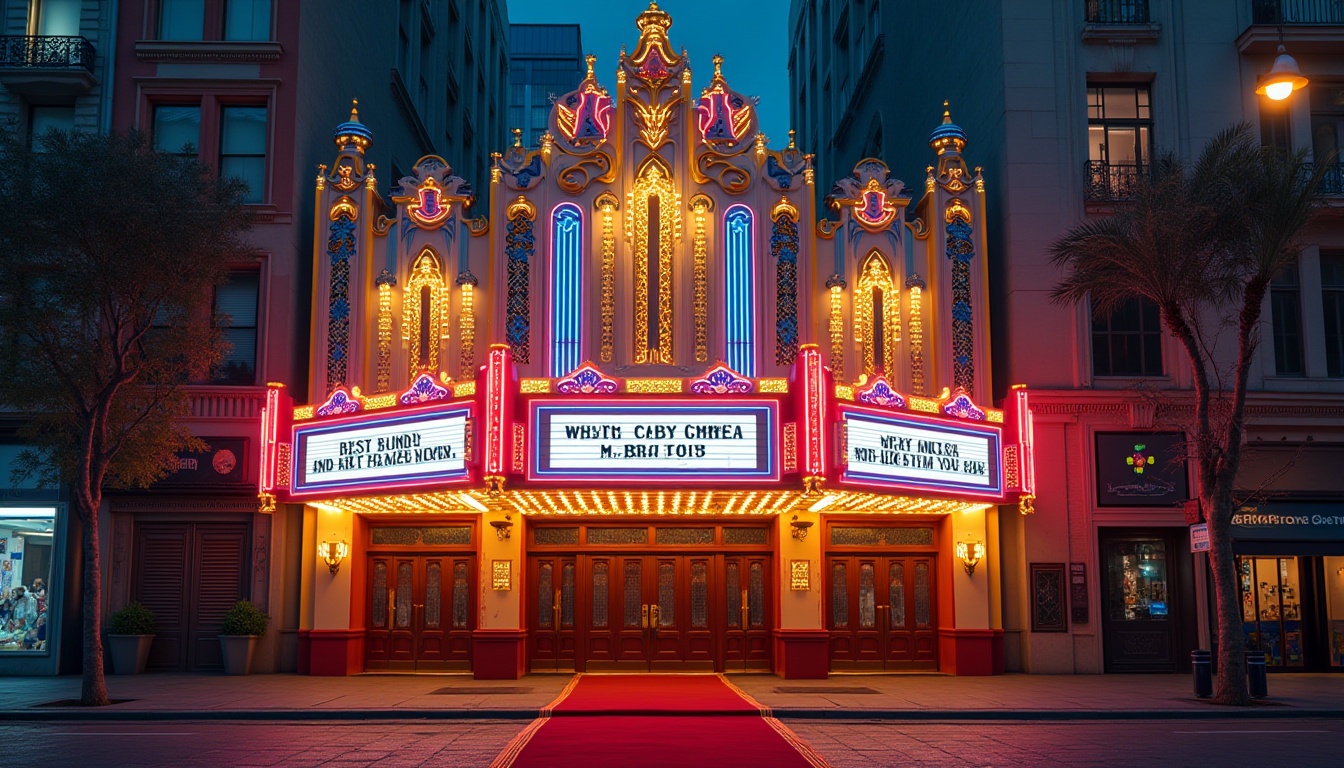 Prompt: Vibrant cinema facade, eclectic architectural style, ornate decorations, bright neon lights, bold color schemes, intricate moldings, Art Deco patterns, luxurious materials, grand entrance, red carpet, golden accents, ornamental columns, sculptural details, urban cityscape, bustling streets, nighttime atmosphere, softbox lighting, shallow depth of field, 2/3 composition, cinematic wide-angle shot, realistic textures, ambient occlusion.