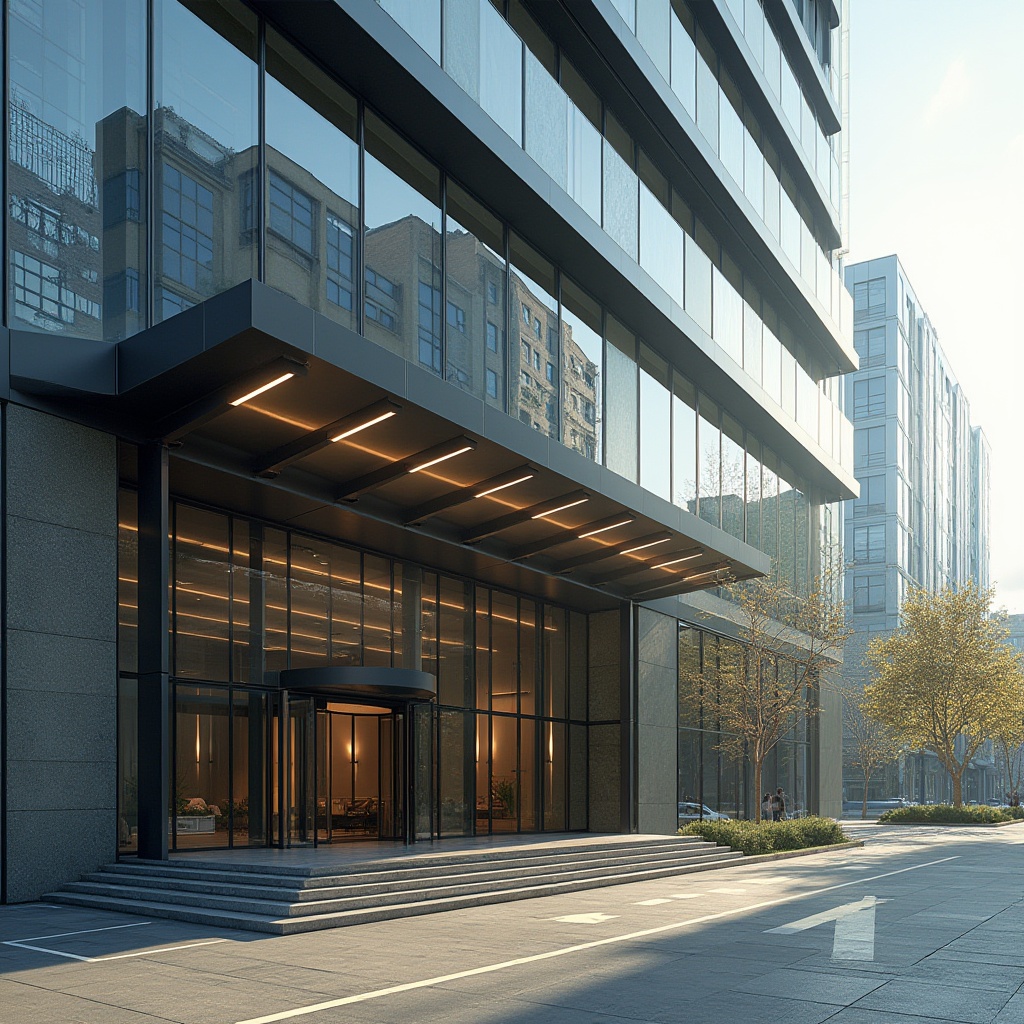 Prompt: Modern commercial building, sleek glass facade, angular metal frames, cantilevered floors, LED lighting strips, minimalist entrance, revolving doors, polished stone walls, urban cityscape, busy street scene, morning sunlight, shallow depth of field, 1/1 composition, realistic reflections, subtle ambient occlusion.