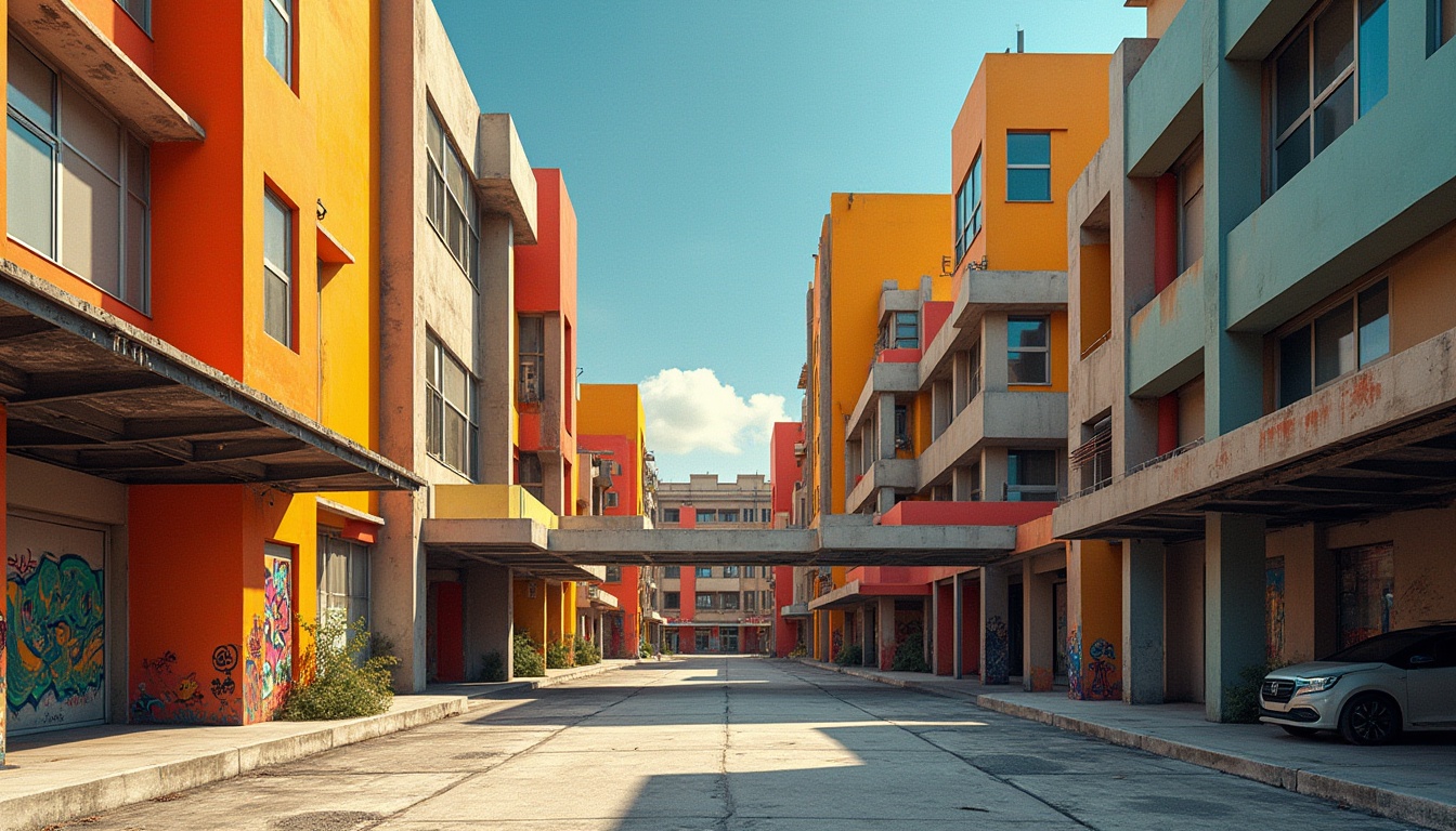 Prompt: Vibrant constructivist buildings, geometric shapes, bold color blocking, abstract patterns, industrial materials, exposed steel beams, concrete textures, urban cityscape, modern street art, graffiti murals, eclectic architectural forms, asymmetrical compositions, dynamic angles, fragmented structures, brutalist influences, avant-garde aesthetics, high-contrast lighting, dramatic shadows, 1/2 composition, cinematic atmosphere, realistic renderings, ambient occlusion.