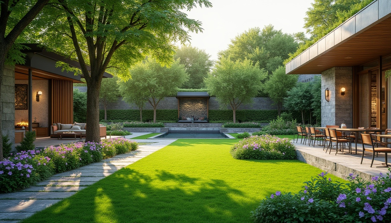 Prompt: Lush green lawns, blooming flowerbeds, ornamental shrubs, meandering pathways, serene water features, natural stone walls, vibrant outdoor furniture, modern pergolas, trellises, lanterns, warm ambient lighting, soft focus, shallow depth of field, 3/4 composition, panoramic view, realistic textures, ambient occlusion.