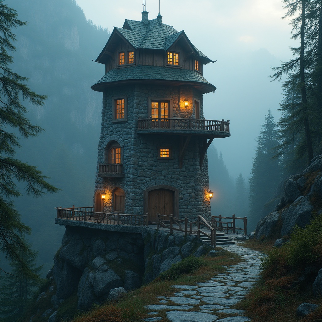 Prompt: Majestic watchtower, rugged stone walls, wooden accents, lantern-style lighting, misty mountainous surroundings, dense forestation, winding hiking trails, serene waterfall backgrounds, mystical foggy atmosphere, warm golden hour lighting, shallow depth of field, 1/2 composition, realistic textures, ambient occlusion.