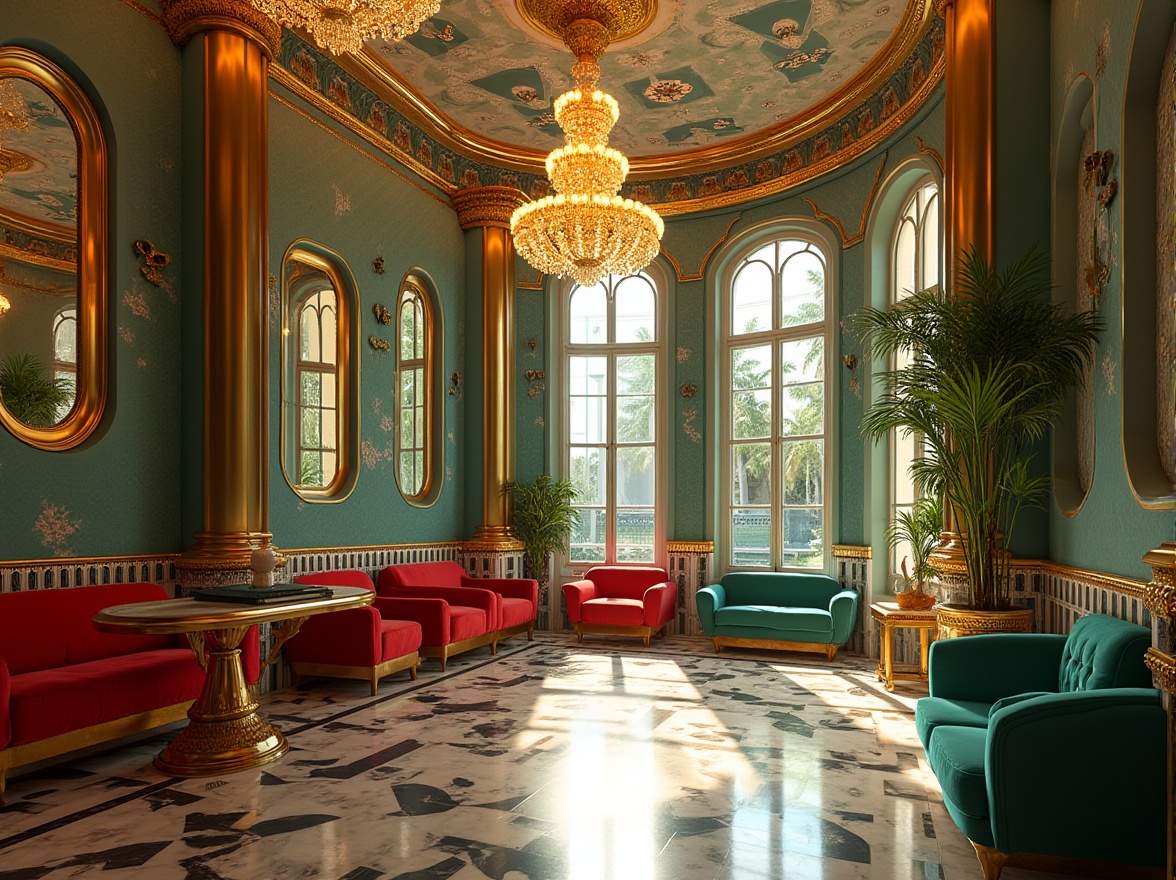 Prompt: Luxurious Art Deco architecture, opulent gold accents, lavish marble floors, ornate geometric patterns, vibrant turquoise, rich emerald green, bold crimson red, sophisticated black and white, metallic silver details, glamorous crystal chandeliers, luxurious velvet fabrics, intricate mosaics, sun-kissed Miami Beach vibes, warm golden lighting, shallow depth of field, 1/1 composition, symmetrical framing, ornate typography, high-contrast colors, stylized floral motifs.