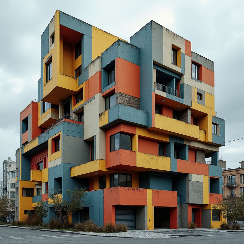 Prompt: Dynamic constructivist facade, fragmented geometries, bold color blocking, abstract patterns, irregular shapes, cantilevered structures, industrial materials, exposed ductwork, brutalist textures, urban cityscape, cloudy grey sky, dramatic lighting, deep shadows, high contrast ratio, 1/1 composition, symmetrical framing, realistic renderings, ambient occlusion.