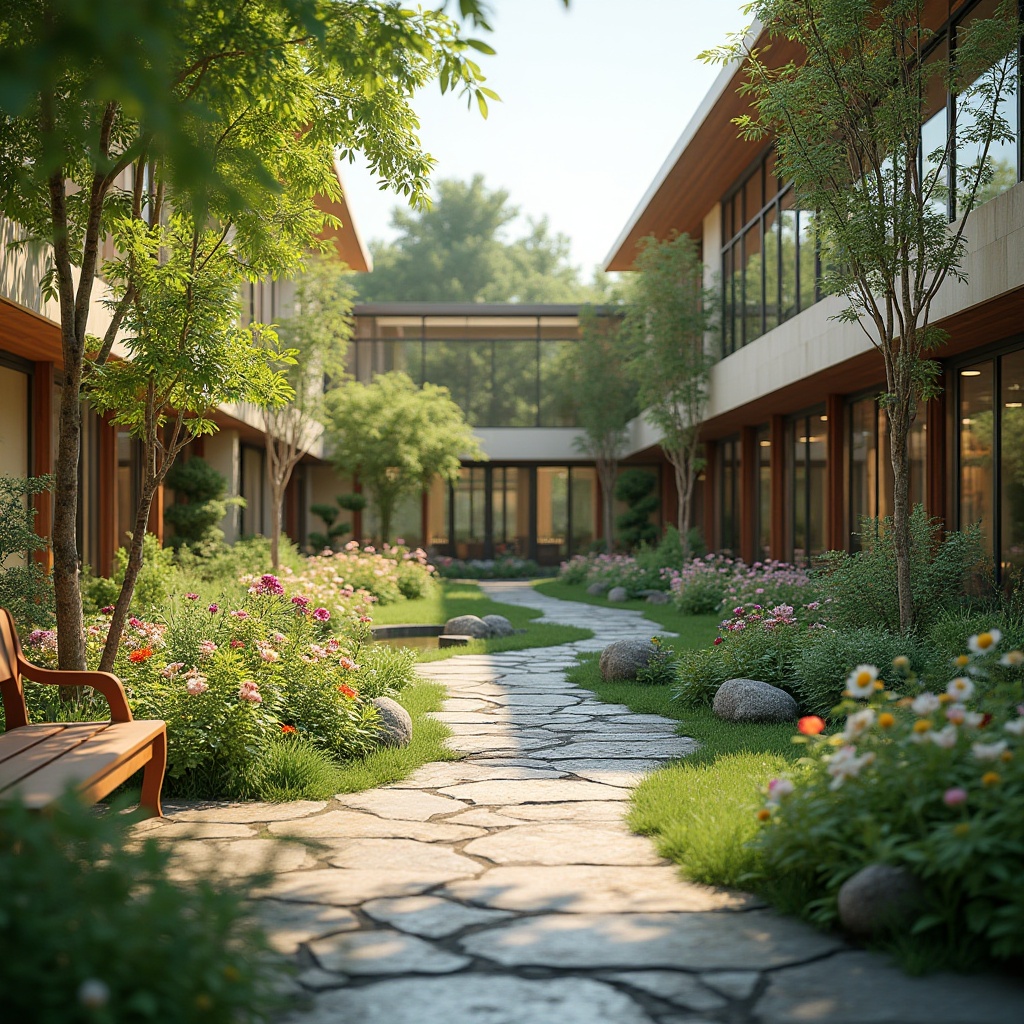 Prompt: Soothing healthcare center courtyard, lush greenery, natural stone walkways, serene water features, vibrant flowers, calming benches, wooden accents, modern architecture, large windows, glass doors, abundant natural light, warm color scheme, shallow depth of field, 3/4 composition, panoramic view, realistic textures, ambient occlusion, tranquil atmosphere, peaceful ambiance, healing gardens, accessible outdoor spaces, wheelchair-friendly pathways, therapeutic landscaping, meditation areas, calming soundscapes, soft warm lighting.