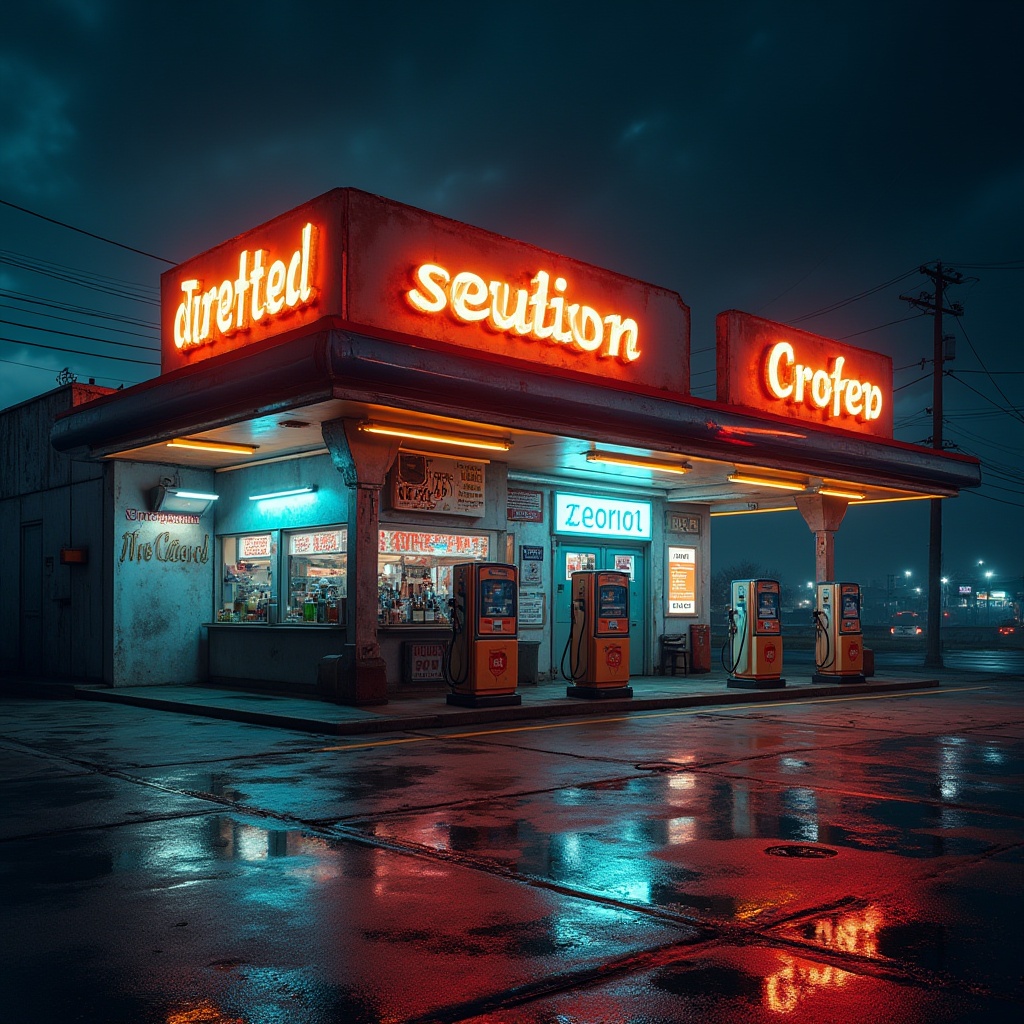 Prompt: Neon-lit gas station, retro-futuristic architecture, bold typography, metallic accents, industrial textures, vibrant color scheme, electric blue hues, fiery orange tones, deep red shades, yellow neon lights, glossy reflective surfaces, geometric patterns, distressed finishes, urban cityscape, nighttime atmosphere, moody lighting, cinematic ambiance, high-contrast shadows, dramatic composition, symmetrical framing.