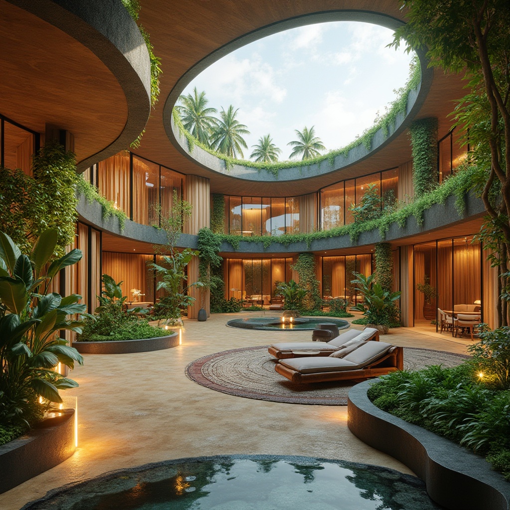 Prompt: Eco-friendly hotel, organic curves, natural materials, reclaimed wood, living walls, green roofs, solar panels, wind turbines, rainwater harvesting systems, energy-efficient lighting, floor-to-ceiling windows, minimal waste design, recycling facilities, bamboo furniture, organic textiles, earthy color palette, lush indoor gardens, warm ambient lighting, shallow depth of field, 1/1 composition, soft focus, realistic textures.