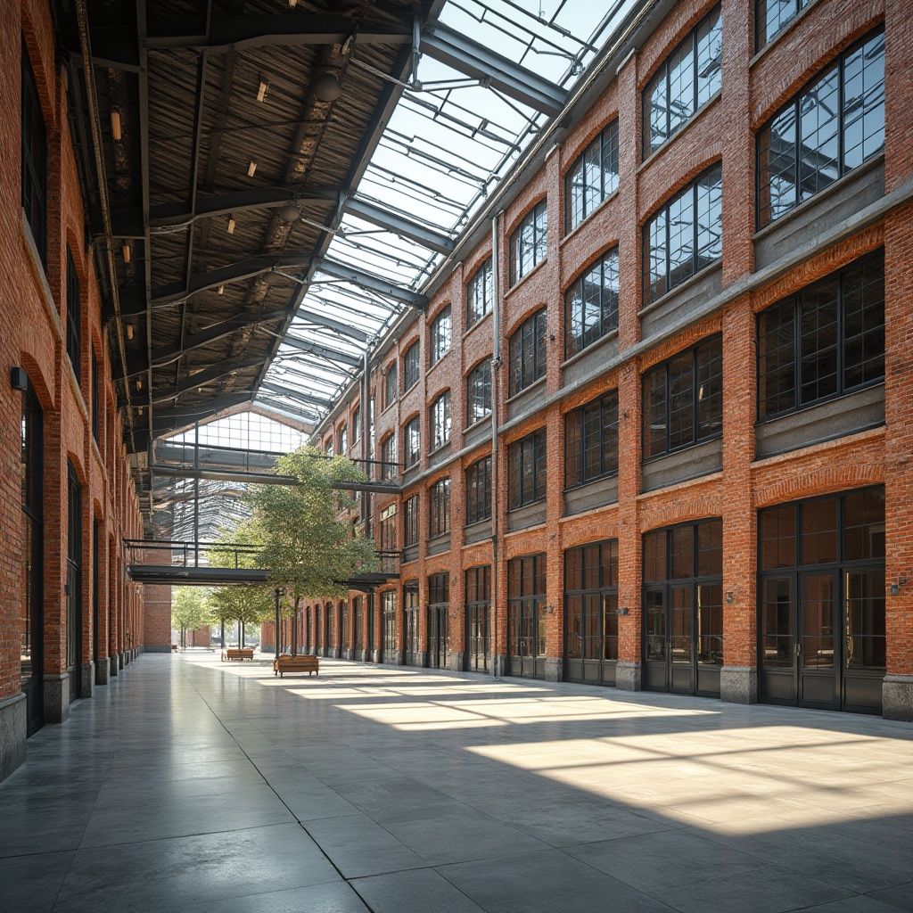 Prompt: Industrial constructivist building, exposed brick fa\u00e7ade, large windows, metal beams, open floor plan, minimalist interior, abundant natural light, clerestory windows, skylights, transparent roof, reflective surfaces, polished concrete floors, modern industrial aesthetic, urban cityscape, sunny day, soft warm lighting, shallow depth of field, 3/4 composition, panoramic view, realistic textures, ambient occlusion.