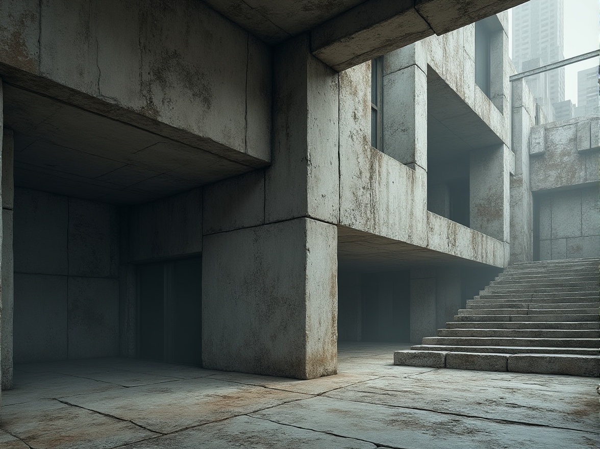 Prompt: Rugged brutalist building, rough-hewn concrete walls, weathered steel beams, industrial-style windows, raw unfinished surfaces, chunky stone floors, minimalist decor, monochromatic color scheme, dramatic shadows, atmospheric mist, urban cityscape, overcast sky, diffused natural light, cinematic composition, high-contrast textures, ambient occlusion.