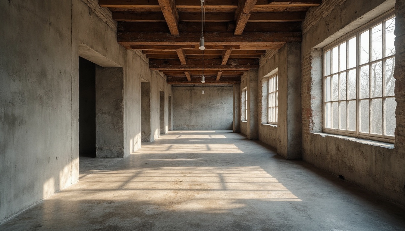 Prompt: Exposed concrete walls, rough stone floors, industrial metal beams, reclaimed wood accents, raw unfinished ceilings, brutalist architectural style, urban loft atmosphere, minimal ornamentation, functional simplicity, monochromatic color scheme, muted earth tones, warm natural light, dramatic shadows, low-angle photography, 1/1 composition, gritty realistic textures, ambient occlusion.