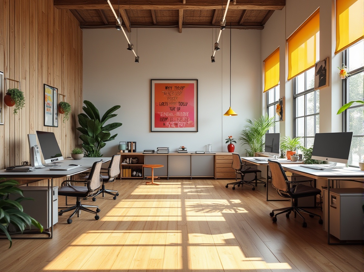 Prompt: Vibrant design studio, creative workspace, modern minimalist furniture, sleek metal desks, ergonomic chairs, inspiring artwork, bold typography, bright accent walls, natural wood flooring, large windows, abundant sunlight, warm atmosphere, 3/4 composition, shallow depth of field, soft focus, realistic textures, ambient occlusion.