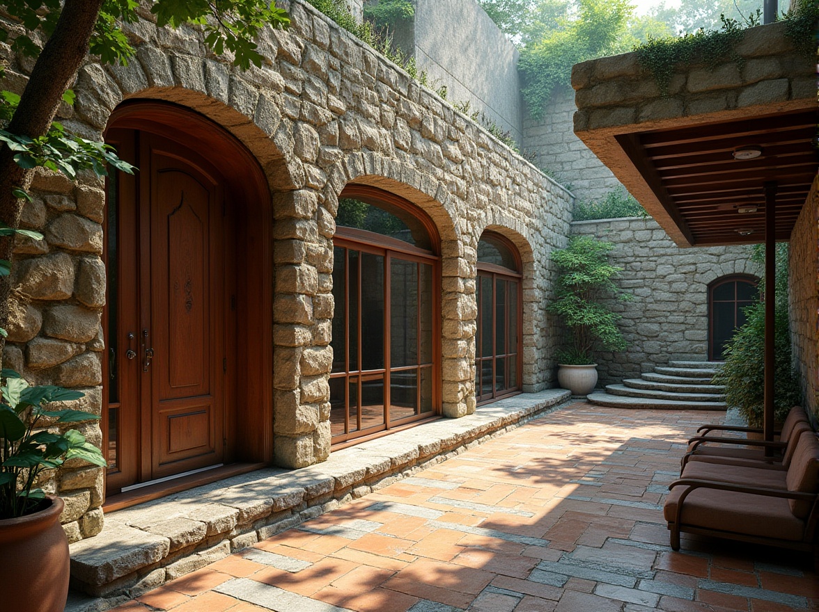 Prompt: Rustic stone walls, smooth wooden accents, cool glass surfaces, warm terracotta tiles, metallic grids, lush green roofs, rough concrete textures, soft fabric canopies, intricate mosaic patterns, bold color contrasts, natural material blends, earthy tone palettes, dramatic shadow effects, high-contrast lighting, cinematic composition, atmospheric perspective, realistic rendering.