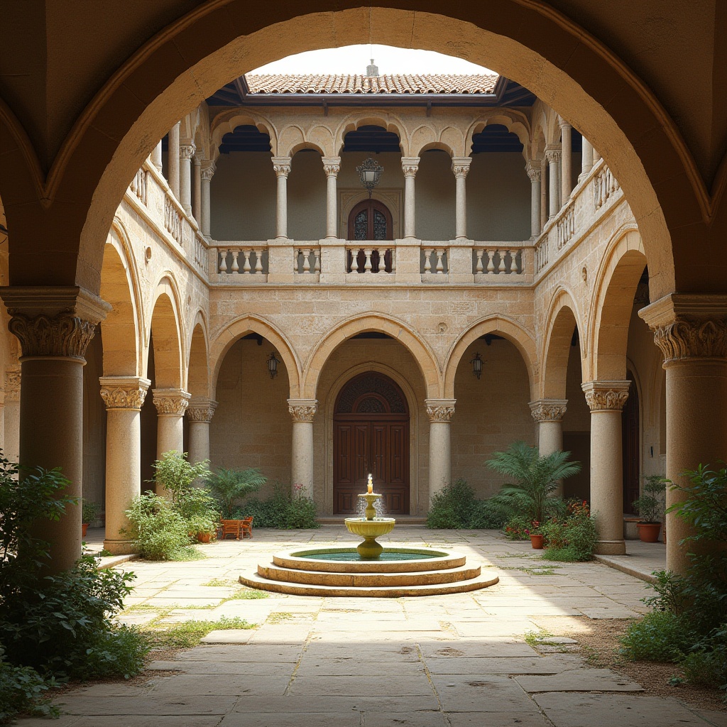 Prompt: Serene monastery courtyard, intricately carved stone arches, rustic wooden doors, ornate ironwork, vaulted ceilings, grand staircases, spacious cloisters, tranquil fountain, lush greenery, Renaissance-inspired facades, warm beige stonework, soft diffused lighting, shallow depth of field, 1/2 composition, intimate atmospheric perspective, realistic textures, ambient occlusion.