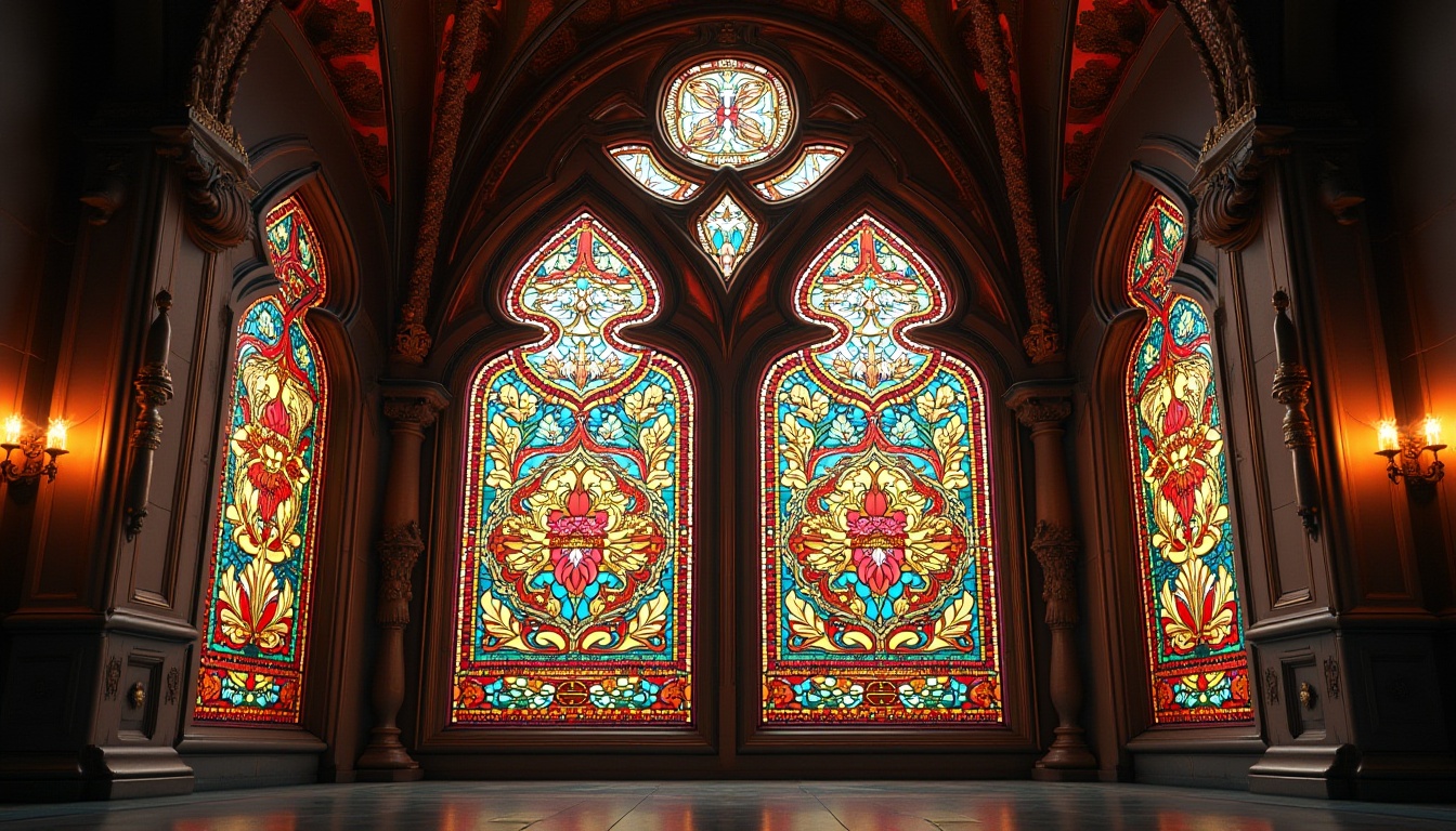 Prompt: Vibrant stained glass windows, ornate Art Deco patterns, luxurious metallic frames, opulent geometric shapes, kaleidoscopic colors, intricate floral motifs, beveled edges, leadlight construction, rich jewel tones, warm golden lighting, shallow depth of field, 1/1 composition, realistic textures, ambient occlusion.