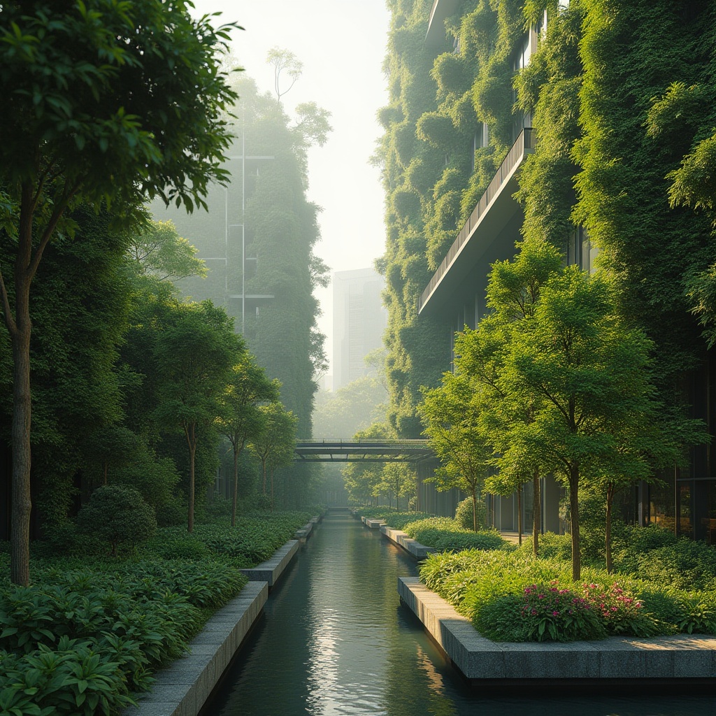 Prompt: Lush green walls, thriving vegetation, urban skyscrapers, modern architecture, steel beams, glass facades, living trees, blooming flowers, natural stone planters, recycled water systems, automated irrigation, misting fog, warm sunlight, shallow depth of field, 1/1 composition, realistic textures, ambient occlusion, serene atmosphere, eco-friendly design.