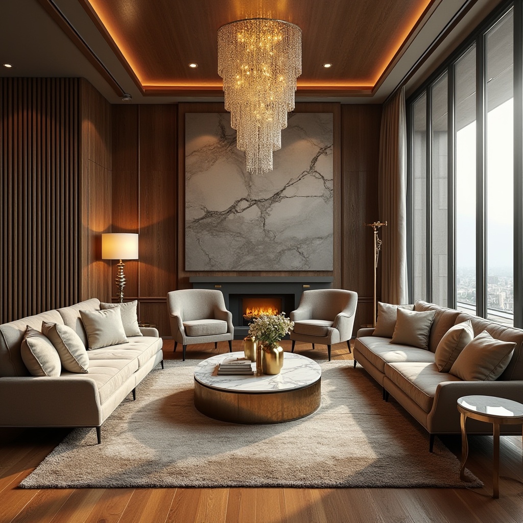 Prompt: Luxurious living room, rich wood flooring, plush area rugs, comfortable sofas, velvety upholstery, golden lighting fixtures, crystal chandeliers, marble coffee tables, textured wallpaper, metallic accents, floor-to-ceiling windows, soft natural light, 1/1 composition, realistic reflections, ambient occlusion.