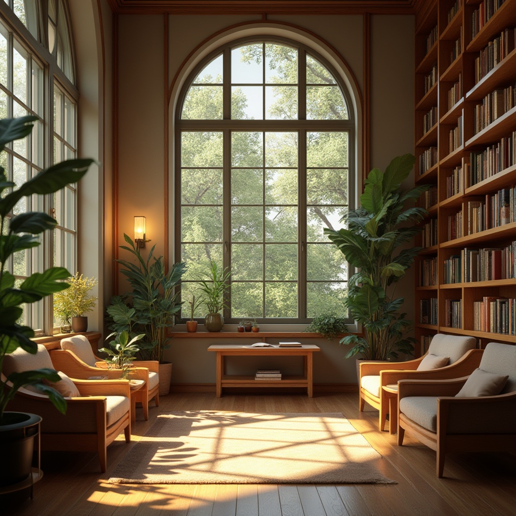 Prompt: Cozy library atmosphere, warm natural lighting, large windows, minimalist decor, wooden shelves, comfortable reading nooks, soft cushioned chairs, earthy tone color scheme, abundant greenery, lush plants, floor lamps, soft warm glow, indirect sunlight, subtle shadows, 1/1 composition, realistic textures, ambient occlusion.