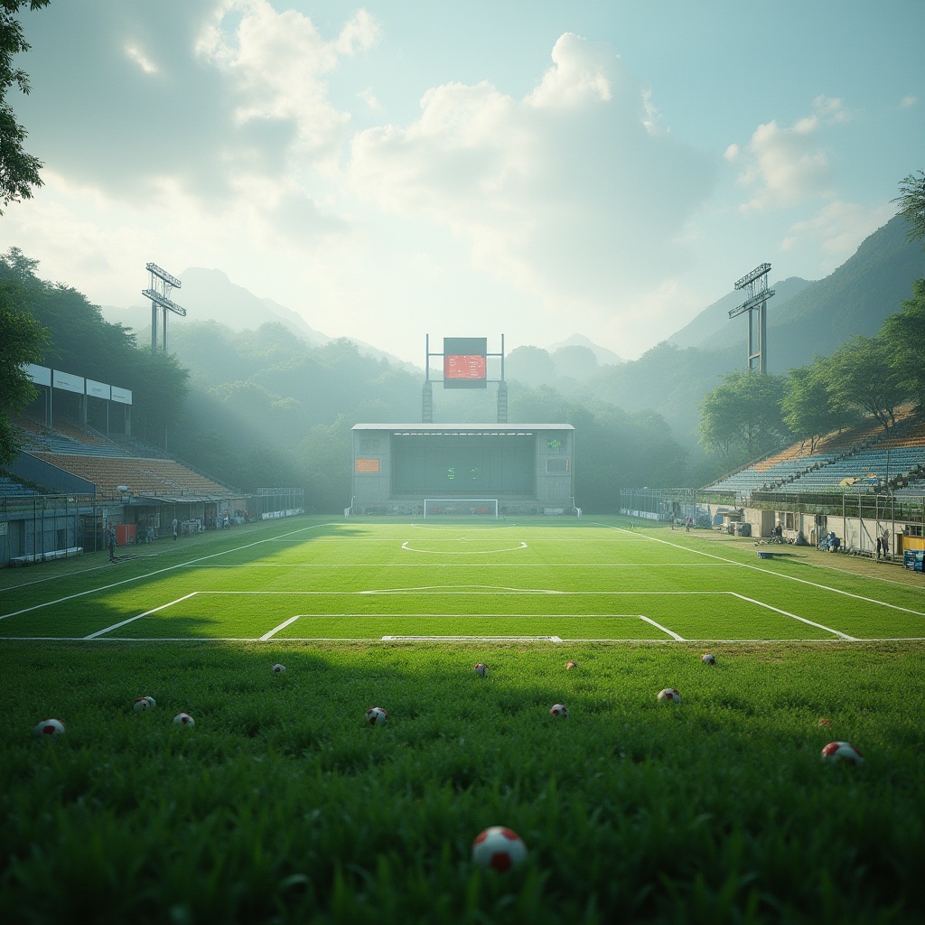 Prompt: Natural rolling hills, lush green grass, sports field markings, goalposts, soccer balls, athletic tracks, stadium seating, modern LED scoreboards, floodlighting, misty morning atmosphere, shallow depth of field, 1/1 composition, panoramic view, realistic textures, ambient occlusion, artificial turf surfaces, rubber shock pads, chain-link fences, athletic equipment storage, shaded spectator areas, concession stands, refreshment vendors.