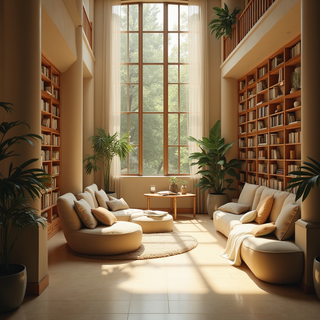 Prompt: Cozy reading nook, warm natural light, floor-to-ceiling windows, wooden bookshelves, comfortable seating areas, soft cushions, earthy tones, plants, calm atmosphere, peaceful ambiance, abundant daylight, gentle shadows, subtle color palette, minimalist decor, modern architecture, open spaces, high ceilings, clerestory windows, diffused lighting, warm beige walls, inviting entrance, relaxed reading zones, quiet study areas.