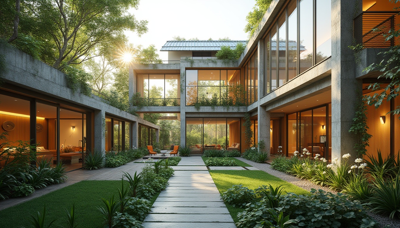 Prompt: Eco-friendly buildings, recycled metal frames, low-carbon concrete structures, solar panels, green roofs, living walls, vertical gardens, reclaimed wood accents, minimalist design, natural ventilation systems, large windows, clerestory lighting, soft warm ambiance, shallow depth of field, 3/4 composition, panoramic view, realistic textures, ambient occlusion.