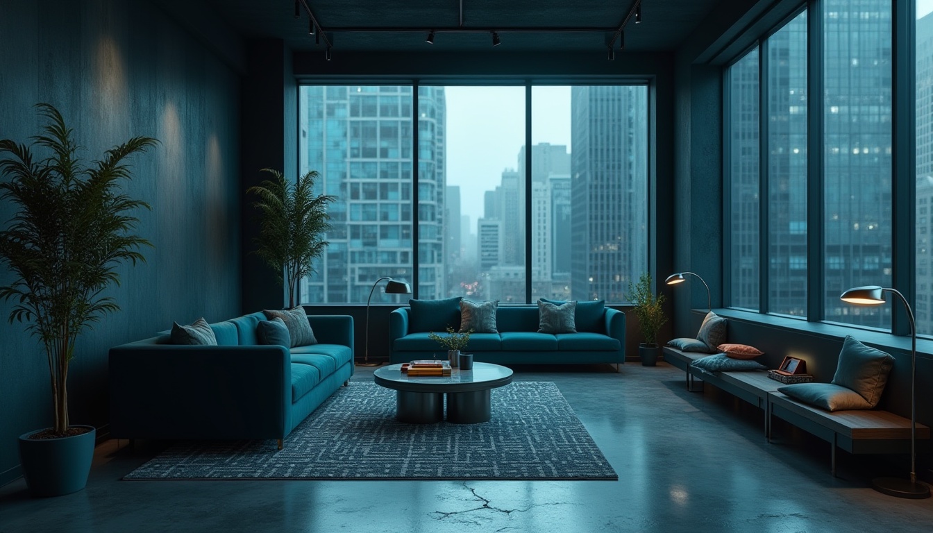 Prompt: Moody dark cyan walls, sleek modern furniture, polished metal accents, minimalist decor, urban cityscape views, floor-to-ceiling windows, industrial chic lighting fixtures, concrete floors, geometric patterned rugs, deep blue-grey tone on tone color scheme, atmospheric misty effects, shallow depth of field, 1/1 composition, cinematic photography style, high contrast ratios, dramatic shadows, sophisticated ambiance.