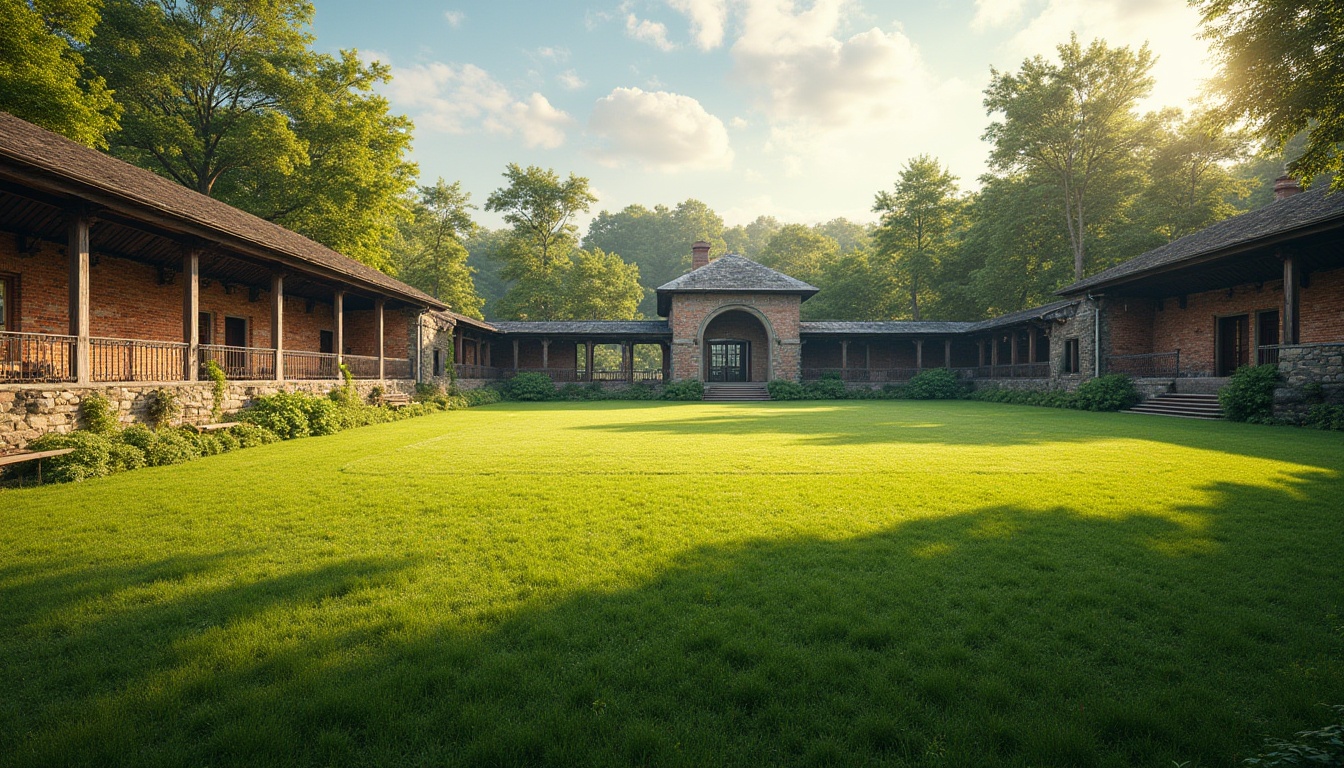 Prompt: Rustic sports field, lush green grass, weathered stone walls, worn brick pavilions, classic Romanesque architecture, ornate iron gates, wooden benches, vintage scoreboard, natural stone pathways, earthy tones, sunny afternoon, warm soft lighting, shallow depth of field, 3/4 composition, panoramic view, realistic textures, ambient occlusion.Let me know if this meets your requirements!