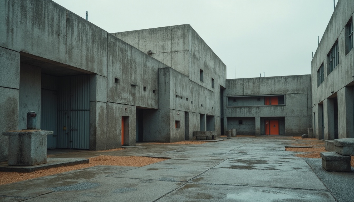 Prompt: Rugged research center, brutalist architecture, raw concrete walls, angular lines, fortress-like structure, industrial metal doors, narrow windows, minimal ornamentation, bold color accents, geometric patterns, abstract sculptures, overcast skies, dramatic shadows, high-contrast lighting, 1/1 composition, moody atmosphere, realistic textures, ambient occlusion.