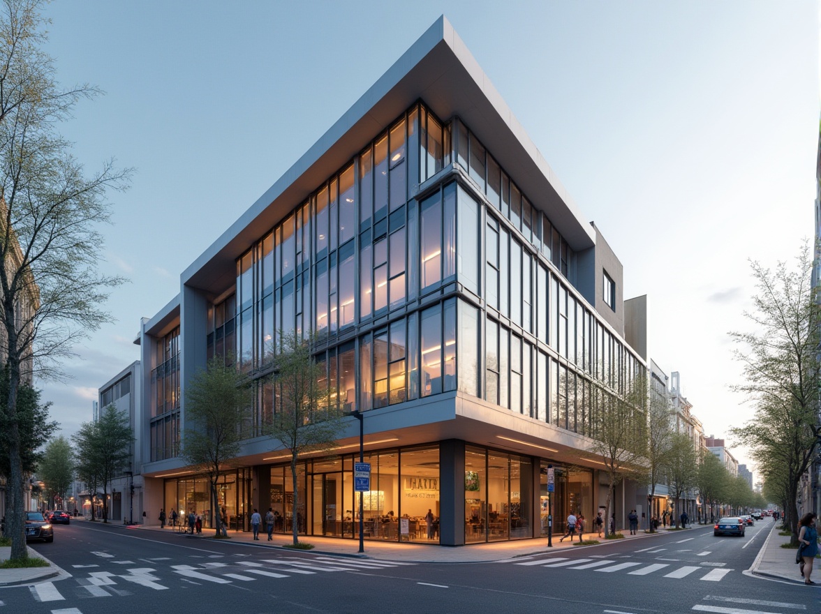 Prompt: Modern commercial building, sleek glass facade, aluminum frames, cantilevered rooflines, LED lighting systems, energy-efficient windows, minimalist entrance design, polished steel doors, subtle texture contrasts, neutral color palette, urban cityscape backdrop, busy street activity, morning sunlight casting, shallow depth of field, 2/3 composition, realistic reflections, ambient occlusion.