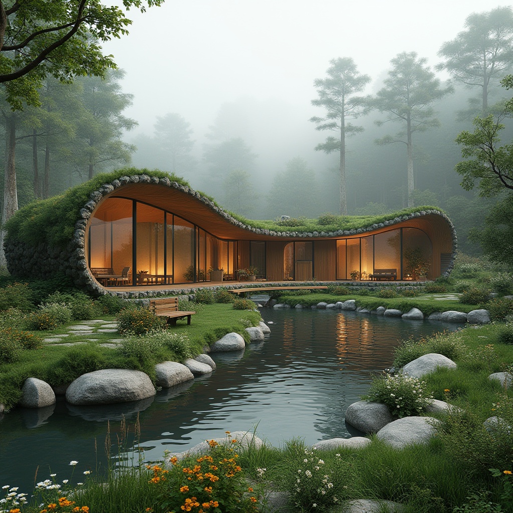 Prompt: Sustainable eco-lodge, organic curves, native vegetation, natural stone walls, wooden accents, green roofs, living walls, waterfall features, misty atmosphere, soft diffused lighting, warm earth tones, harmonious blending, seamless integration, lush forest surroundings, meandering trails, rustic benches, wildflower fields, serene lakeside, panoramic views, symmetrical composition, atmospheric perspective.