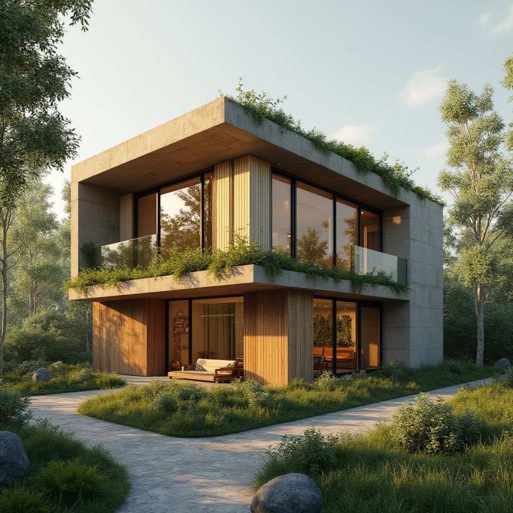 Prompt: Eco-friendly building, sustainable materials, recycled wood, low-carbon concrete, solar panels, green roofs, living walls, vertical gardens, rainwater harvesting systems, energy-efficient windows, insulation systems, natural ventilation, minimalist design, organic shapes, earthy tones, warm lighting, shallow depth of field, 1/1 composition, realistic textures, ambient occlusion.