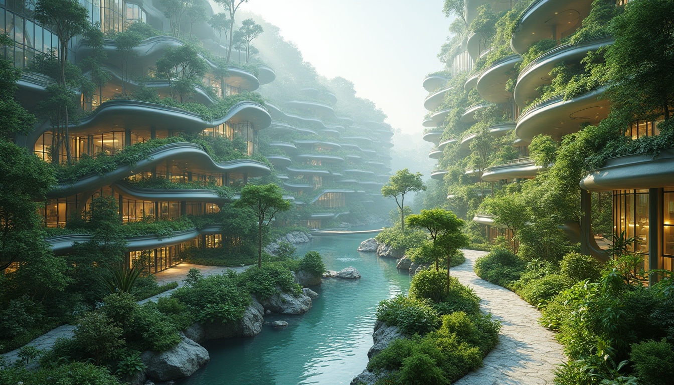 Prompt: Vibrant metabolic landscape, organic curves, futuristic biomimicry, iridescent glass facades, undulating rooflines, verdant walls, hydroponic systems, atmospheric water harvesting, misty ambiance, soft ethereal lighting, shallow depth of field, 1/1 composition, panoramic view, realistic textures, ambient occlusion, lush greenery, native flora, meandering pathways, serene water features, natural stone pavements, futuristic metallic accents, innovative sustainable materials.