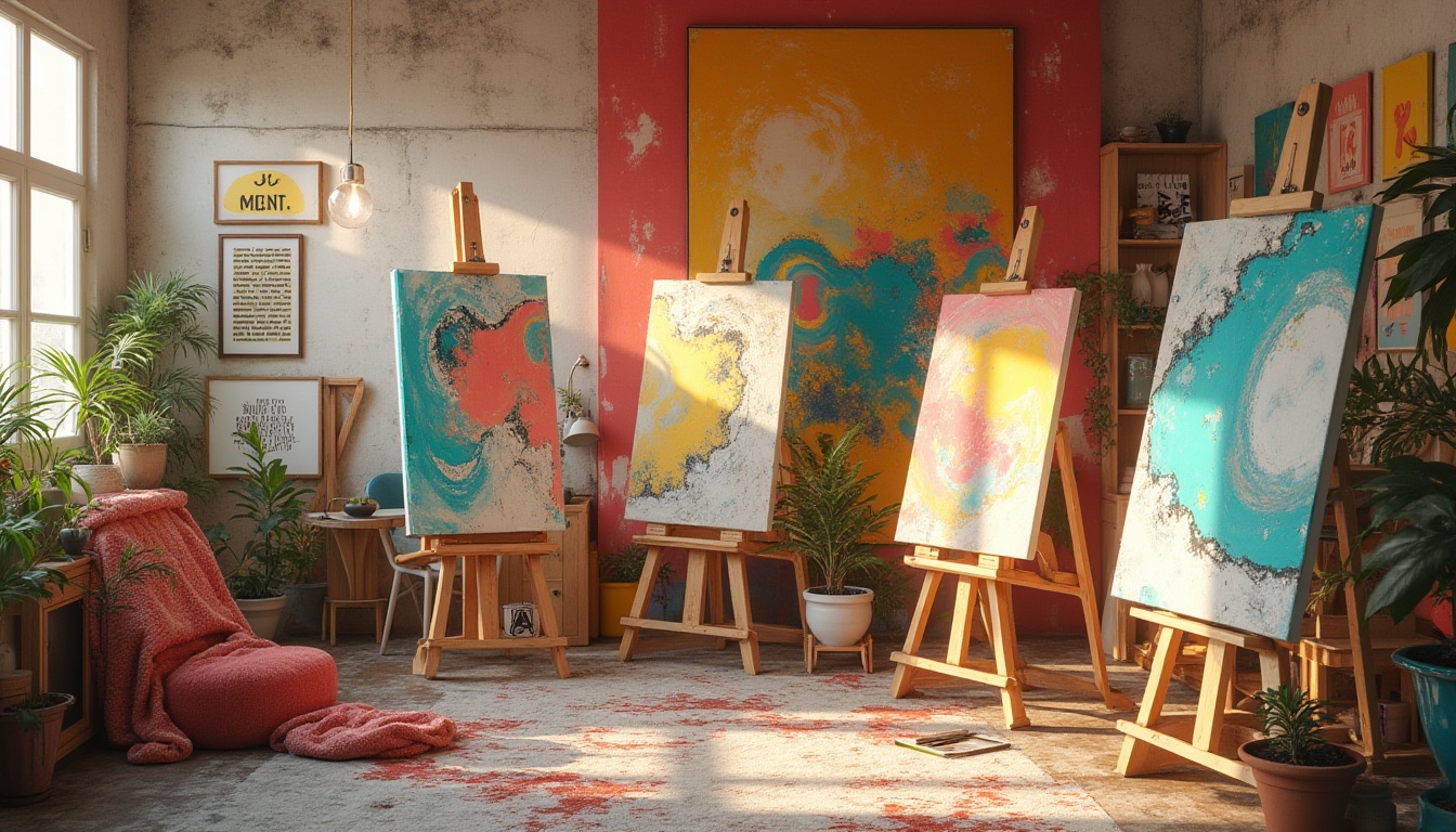 Prompt: Vibrant art studio, eclectic color scheme, bold brushstrokes, abstract expressionism, textured canvases, mixed media, artistic freedom, bright coral hues, deep turquoise shades, sunny yellow accents, rich charcoal tones, creamy white backgrounds, natural wood easels, adjustable metal lamps, cozy throw blankets, inspirational quotes, morning sunlight, soft warm lighting, shallow depth of field, 1/1 composition, realistic textures, ambient occlusion.