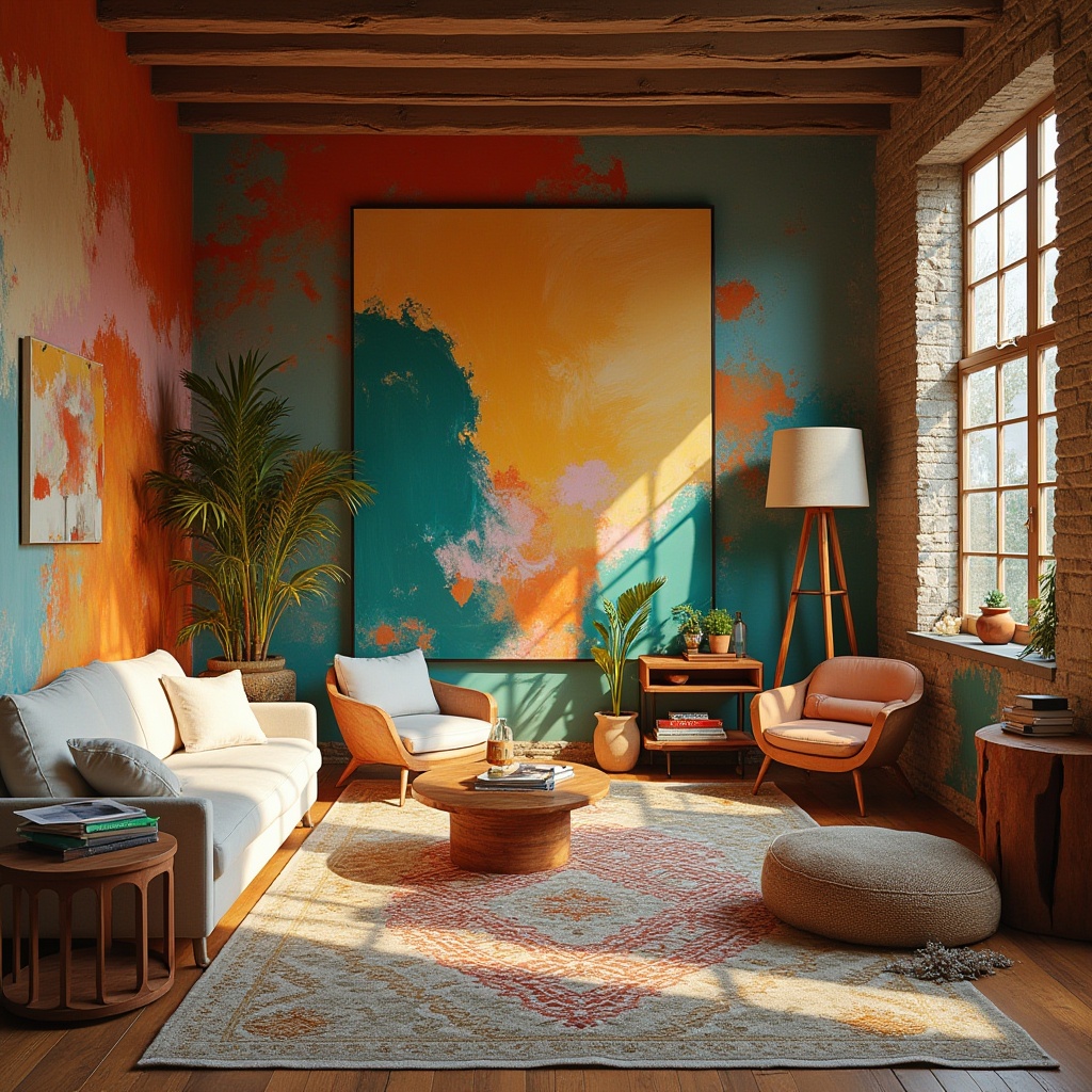 Prompt: Vibrant artistic studio, eclectic bohemian decor, rich jewel-toned walls, bold brushstroke accents, creamy white furniture, natural wood textures, geometric patterned rugs, warm golden lighting, shallow depth of field, 3/4 composition, panoramic view, realistic textures, ambient occlusion.