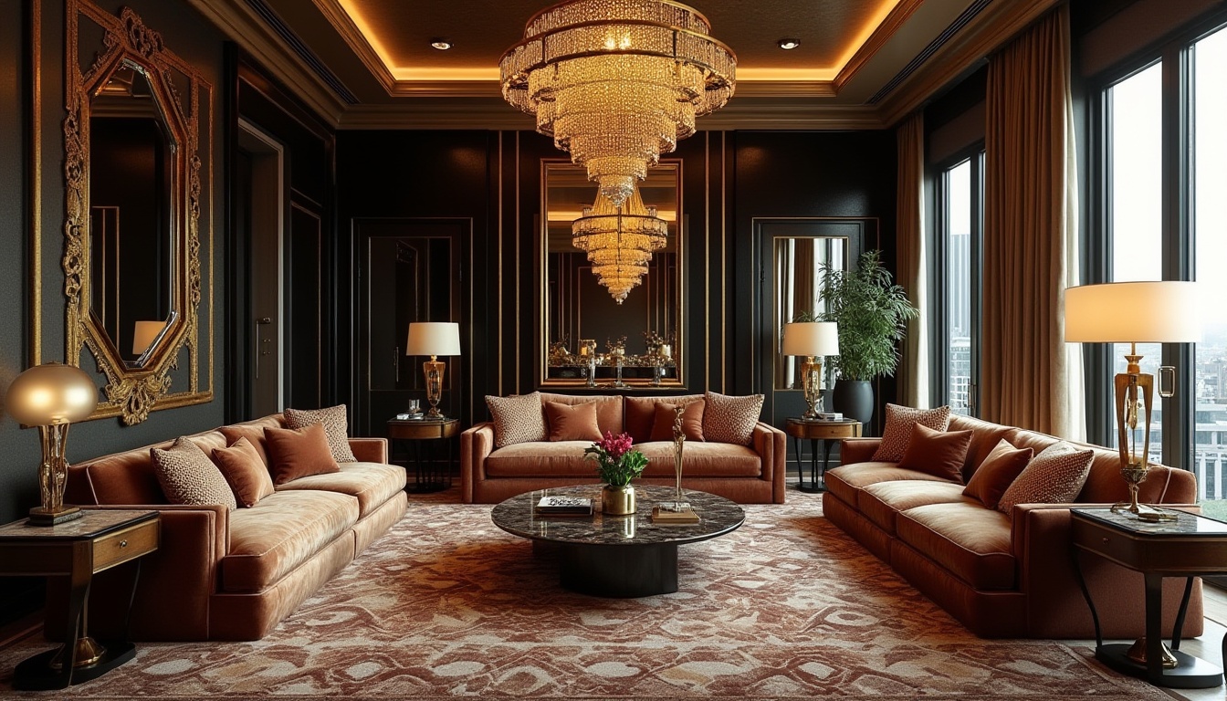 Prompt: Luxurious living room, ornate gold accents, geometric patterned rugs, velvet sofas, crystal chandeliers, metallic wallpaper, bold black lines, curved wooden furniture, marble coffee tables, lavish drapery, sunburst mirrors, elegant floor lamps, rich jewel-toned colors, opulent textures, dramatic lighting, cinematic composition, highly stylized reflections.