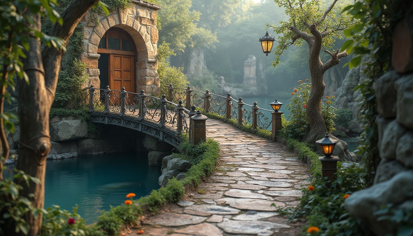 Prompt: Whimsical bridge, ornate iron railings, lace-like filigree, distressed stone arches, moss-covered piers, weathered wooden planks, rustic lanterns, soft warm lighting, misty atmosphere, serene water reflections, lush greenery, vibrant flowers, natural stone walkways, intricate stonework, grand entrance gates, ornamental metalwork, curved lines, delicate details, romantic ambiance, dreamy quality, shallow depth of field, 1/1 composition, intimate view, realistic textures.