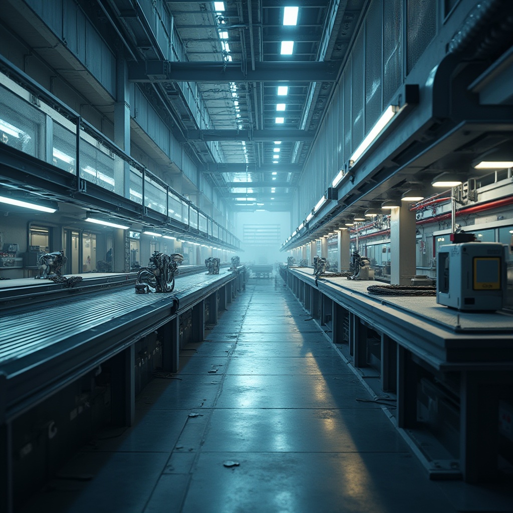 Prompt: Industrial factory interior, metallic machinery, neon-lit catwalks, futuristic control rooms, high-tech laboratories, sleek conveyor belts, robotic assembly lines, angular steel beams, exposed ductwork, modernist architecture, open-plan spaces, minimalist decor, functional lighting, industrial textures, atmospheric fog, shallow depth of field, 1/1 composition, symmetrical framing, cinematic mood lighting.