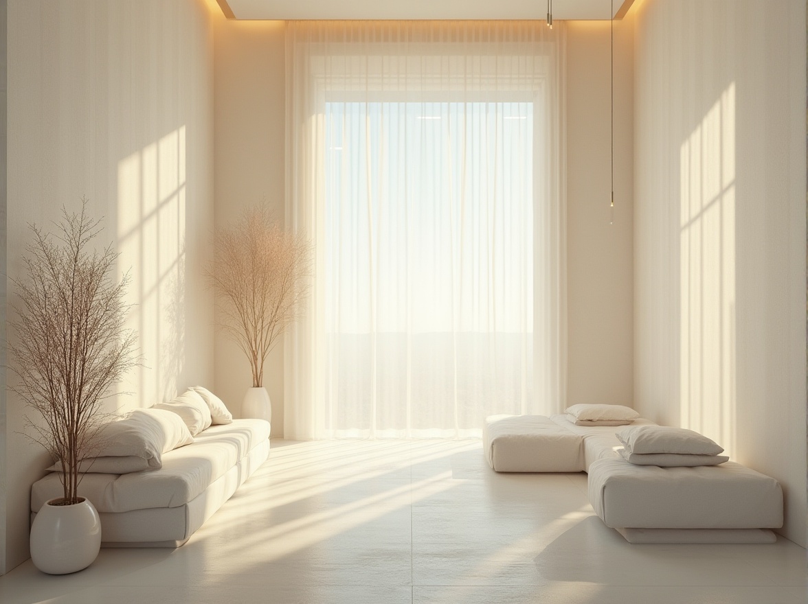 Prompt: Ethereal interior, translucent walls, soft diffused light, natural ambiance, minimalist decor, sleek lines, modern architecture, subtle color palette, calming atmosphere, gentle shadows, indirect illumination, ambient occlusion, realistic textures, 3/4 composition, shallow depth of field, panoramic view.