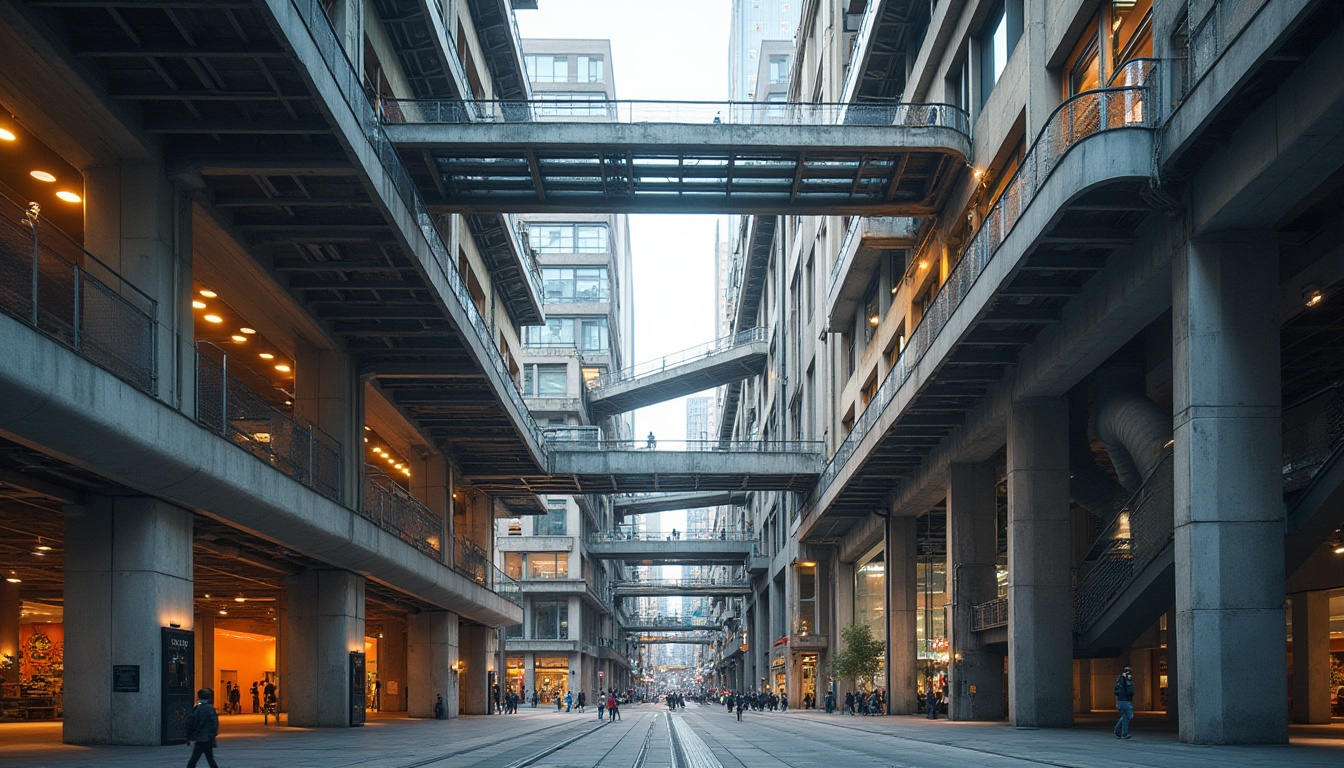 Prompt: Intricate metal latticework, cantilevered roofs, suspended walkways, minimalist columns, functional beams, exposed ductwork, industrial pipes, geometric staircases, asymmetrical fa\u00e7ades, brutalist concrete walls, bold color accents, dramatic shadows, low-angle photography, 1/2 composition, urban cityscape, modern infrastructure, busy streets, dynamic pedestrian traffic.