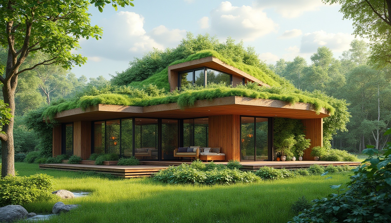 Prompt: Green roofs, lush vegetation, natural materials, wooden accents, large windows, clerestory windows, skylights, solar tubes, open floor plans, minimal obstructions, cross ventilation, wind catchers, solar chimneys, breathable walls, porous facades, double-glazed windows, shading devices, overhangs, louvers, operable windows, insect screens, natural convection, warm colors, earthy tones, organic shapes, curved lines, soft diffused lighting, 1/1 composition, realistic textures, ambient occlusion.