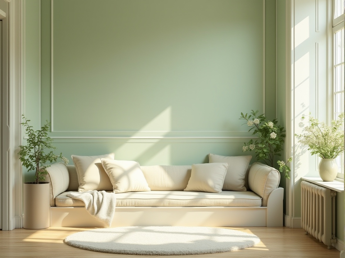 Prompt: Pastel green walls, creamy white trim, warm beige flooring, natural wood accents, lush greenery, delicate flowers, soft morning light, airy atmosphere, minimal decor, simple furniture, curved lines, cozy reading nook, plush cushions, calming ambiance, shallow depth of field, 1/1 composition, realistic textures, ambient occlusion.