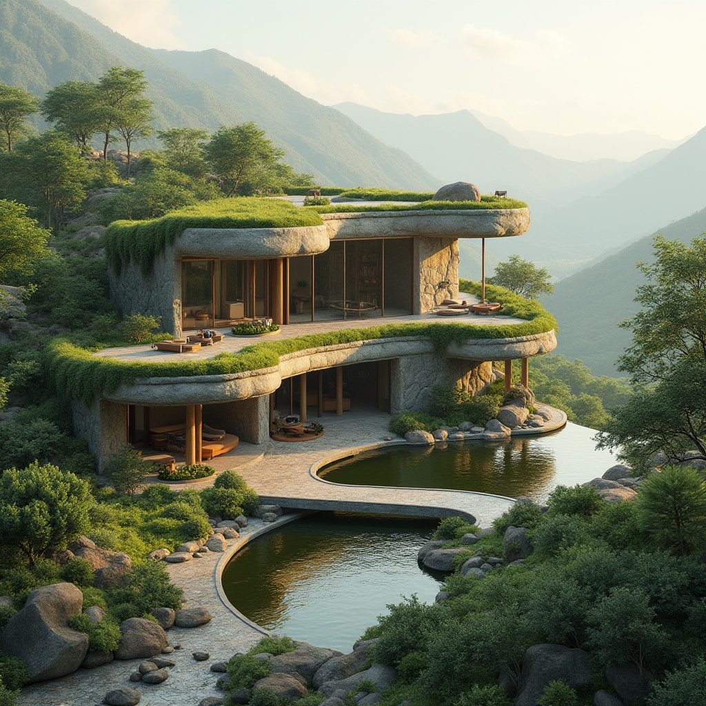 Prompt: Curved building facade, natural stone walls, lush green roofs, cantilevered structures, seamless landscape integration, harmonious architecture, rolling hills, meandering paths, serene water features, reflection pools, native plant species, organic shapes, earthy tones, warm natural lighting, soft focus, atmospheric perspective, 1/1 composition, panoramic view, realistic textures, ambient occlusion.