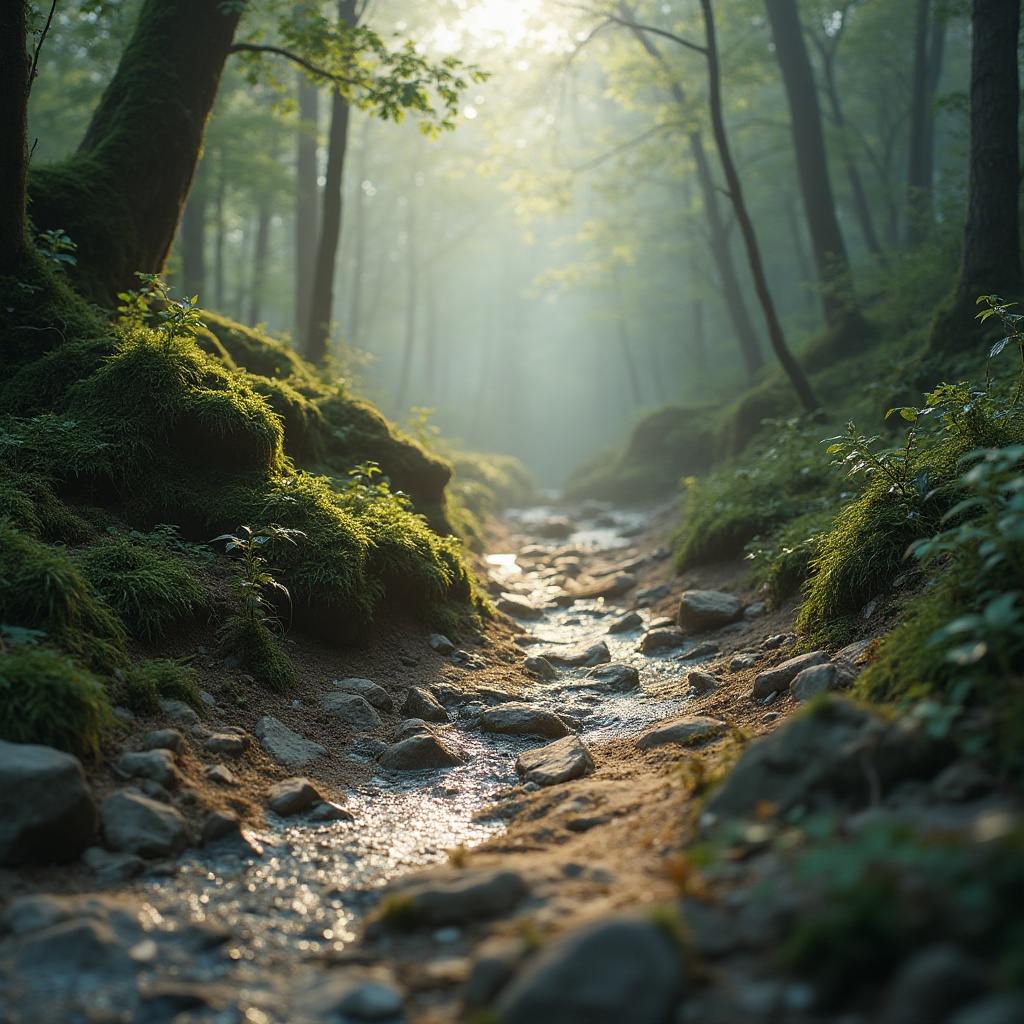 Prompt: Earthy tones, forest floor, mossy greens, sky blue, sandy beige, weathered wood, natural stone, river rock, misty mornings, soft warm lighting, gentle shadows, 3/4 composition, intimate focus, realistic textures, ambient occlusion.