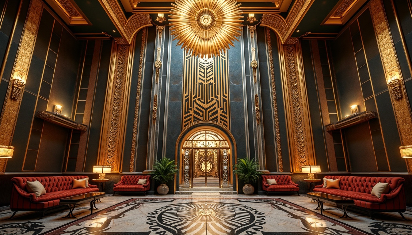 Prompt: Luxurious Art Deco building, ornate geometric patterns, chevron motifs, metallic materials, sunburst designs, zigzag lines, stepped silhouettes, opulent furnishings, lavish decorations, rich textiles, jewel-toned color palette, luxurious marble floors, intricate metalwork, stylized floral patterns, symmetrical compositions, low-angle photography, dramatic lighting, cinematic atmosphere, ornate architectural details, glamorous metallic accents.