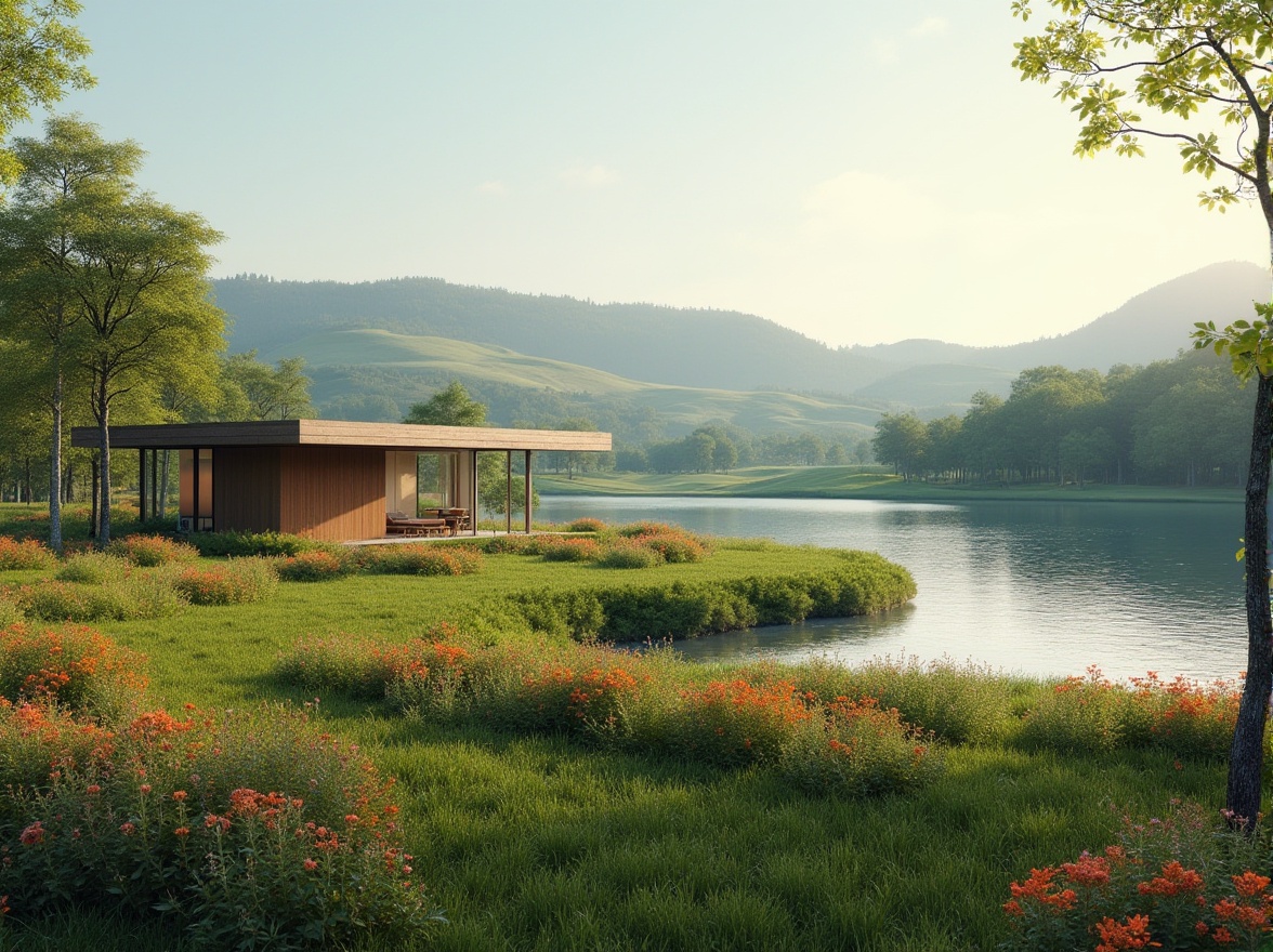 Prompt: Harmonious landscape, rolling hills, serene lake, surrounding trees, lush greenery, vibrant flowers, modern architecture, sleek lines, minimalist design, natural materials, earthy tones, seamless integration, blending boundaries, soft warm lighting, shallow depth of field, 3/4 composition, panoramic view, realistic textures, ambient occlusion.