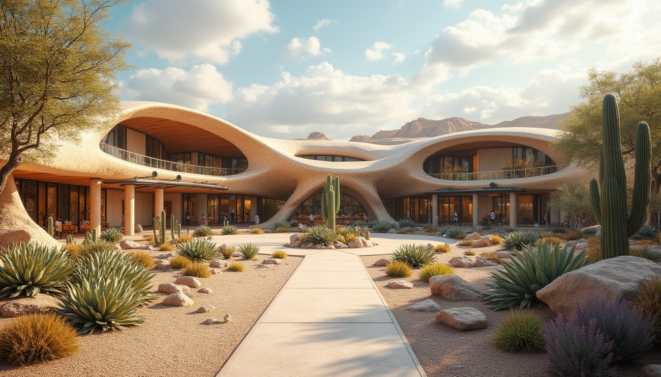 Prompt: Desert science center, futuristic architecture, curved lines, sandstone walls, metallic accents, xeriscaping, succulent plants, cactus gardens, rock formations, gravel pathways, educational signage, interactive exhibits, solar panels, wind turbines, water harvesting systems, green roofs, eco-friendly materials, shaded outdoor spaces, misting systems, panoramic views, warm natural lighting, shallow depth of field, 3/4 composition.