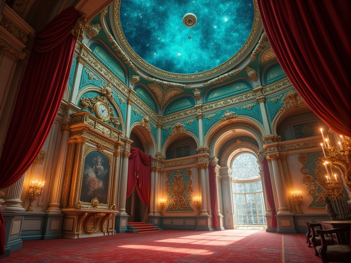 Prompt: Celestial planetarium, ornate classicism facade, intricately carved stone walls, majestic domed roofs, grand entrance archways, opulent golden accents, vibrant blue-green glass mosaics, starry night sky projections, ambient soft lighting, 3/4 composition, shallow depth of field, realistic textures, ambient occlusion, intricate fresco patterns, ornate gilded details, luxurious velvet drapes, regal red carpeting, stately columns, monumental architecture, imposing scale, dramatic spotlights.