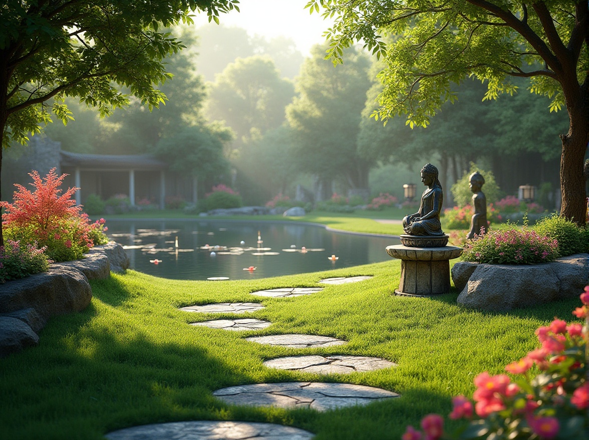 Prompt: Serenely tranquil gardens, lush green lawns, vibrant blooming flowers, meandering stone pathways, gentle water features, peaceful koi ponds, natural rock formations, rustic wooden benches, spiritual statues, lanterns, misty dawn atmosphere, soft warm lighting, shallow depth of field, 3/4 composition, panoramic view, realistic textures, ambient occlusion.