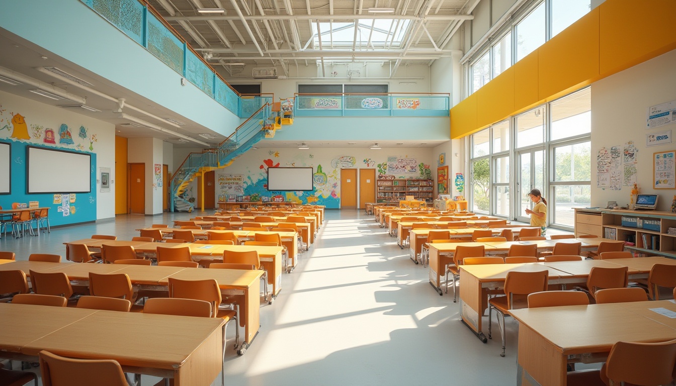 Prompt: Vibrant elementary school, open-plan classrooms, collaborative learning spaces, curved wooden benches, colorful educational murals, natural light-filled corridors, acoustic ceilings, sound-absorbing materials, flexible modular furniture, interactive whiteboards, ergonomic seating, diverse bookshelves, inspirational quotes, playful recess areas, safety railings, accessible ramps, clear signage, wayfinding graphics, modern minimalistic architecture, cantilevered roofs, clerestory windows, soft warm lighting, shallow depth of field, 3/4 composition, panoramic view, realistic textures, ambient occlusion.