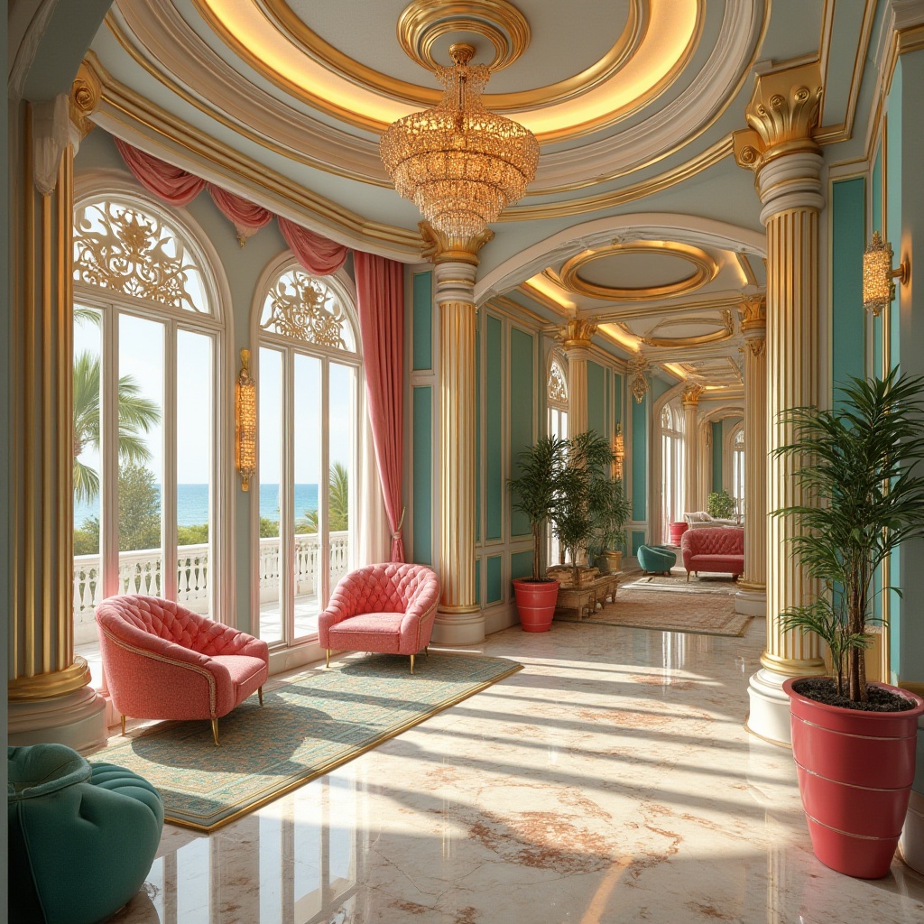 Prompt: Art Deco building, luxurious materials, metallic accents, bold geometric patterns, vibrant jewel tones, rich gold leaf details, opulent marble floors, lavish ornate fixtures, sun-kissed Miami Beach backdrop, pastel pink and turquoise hues, warm golden lighting, shallow depth of field, 1/1 composition, realistic textures, ambient occlusion.